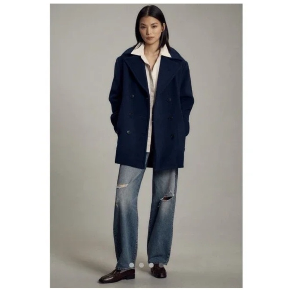 Anthropologie Maeve Double Breasted Wool-Blend Coat Winter Jacket Navy Large